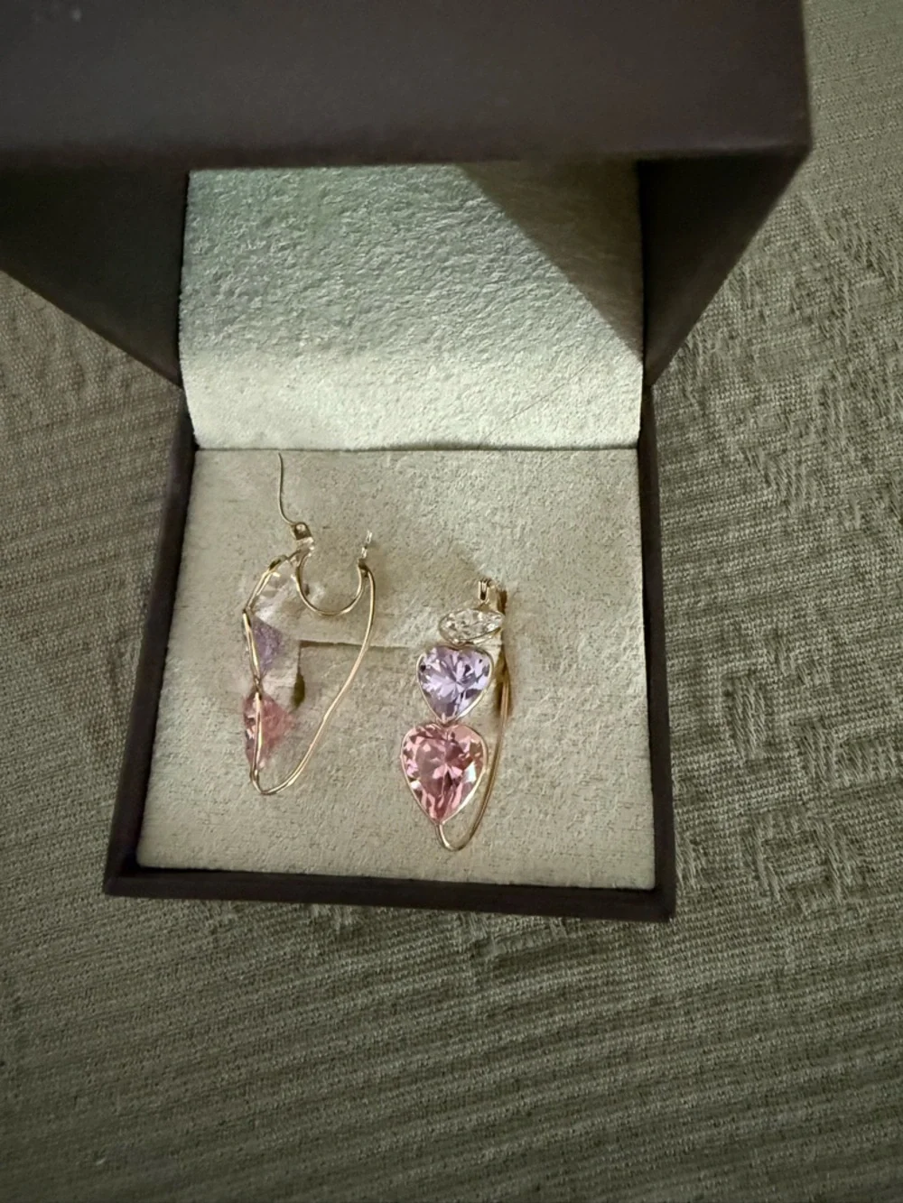 14kt Gold Heart Drop Earrings with Pink and Lavender Stones - Picture 3 of 4